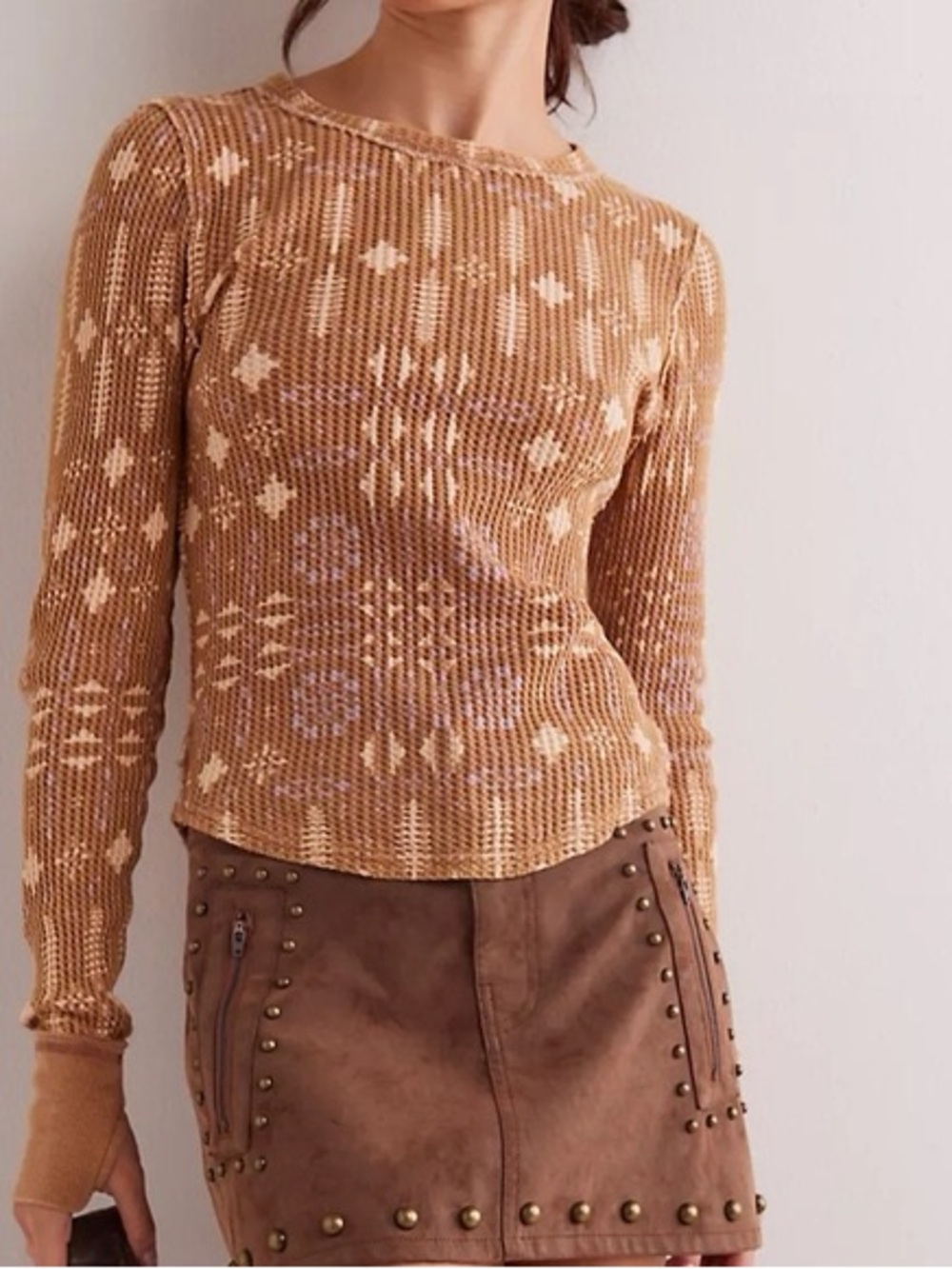 Free People Camel Patterned Crewneck Thermal Top